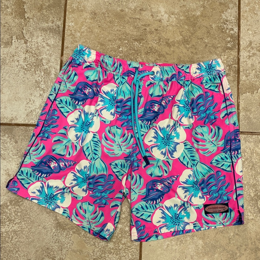 Vineyard Vines Pink Tropical Floral Swim Trunks